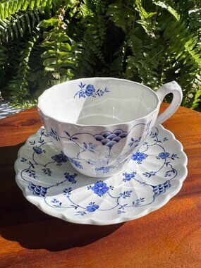 Vintage Myott Finlandia Teacup and Saucer Set Blue White Staffordshire English